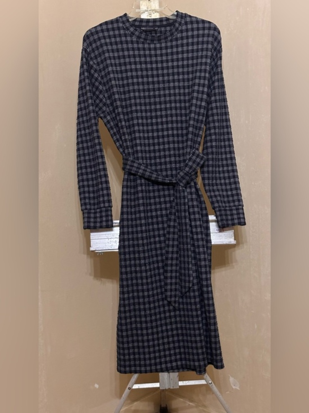 M&S Plaid Long Sleeve Belted Jersey Midi Dress - Navy US SZ 12 / UK 16